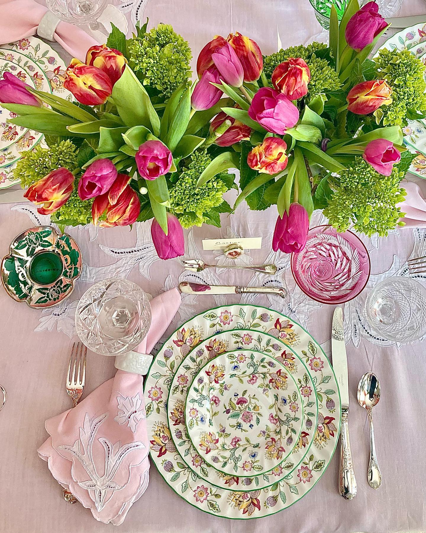 10. Pink Linens with Botanical Dinnerware