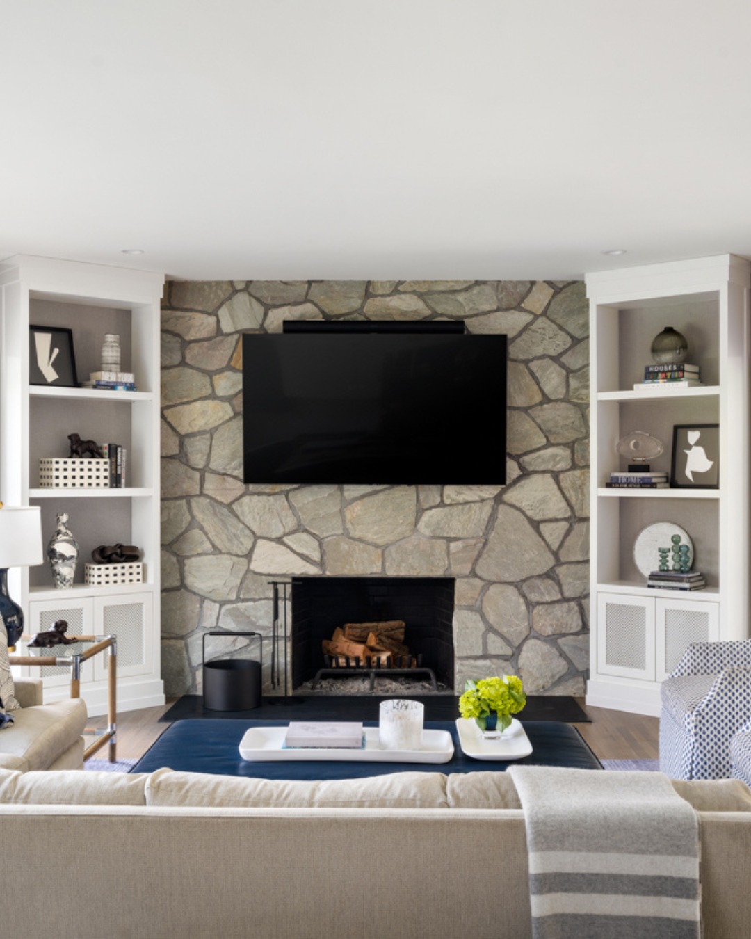 4. Balance Irregular Stone with Orderly White Shelves