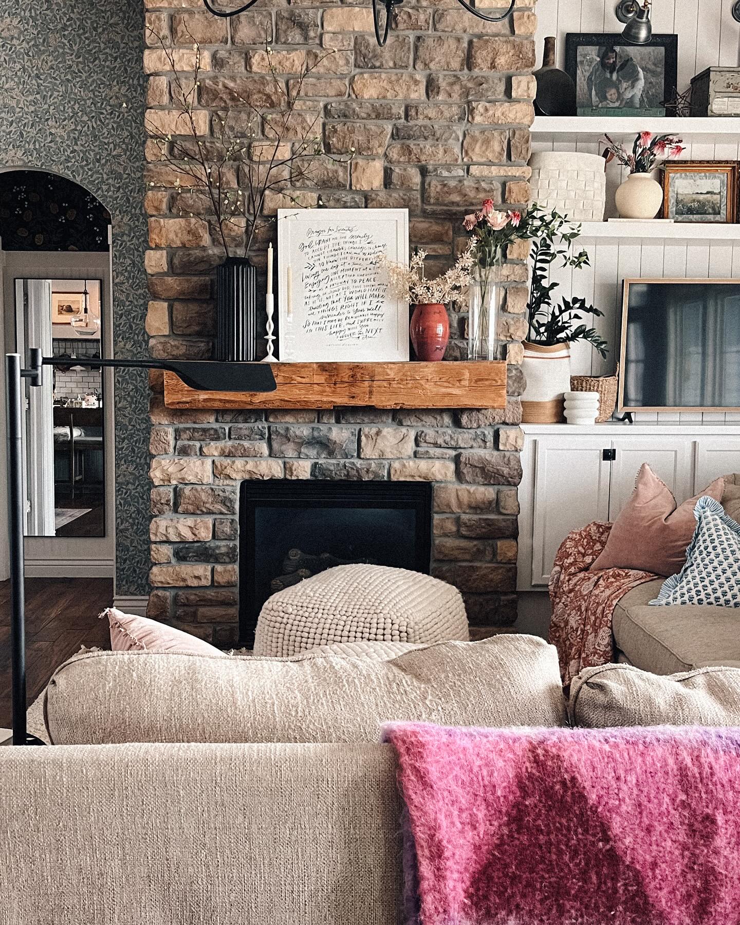 12. Bring Pink Accents to Warm Stone and Timber
