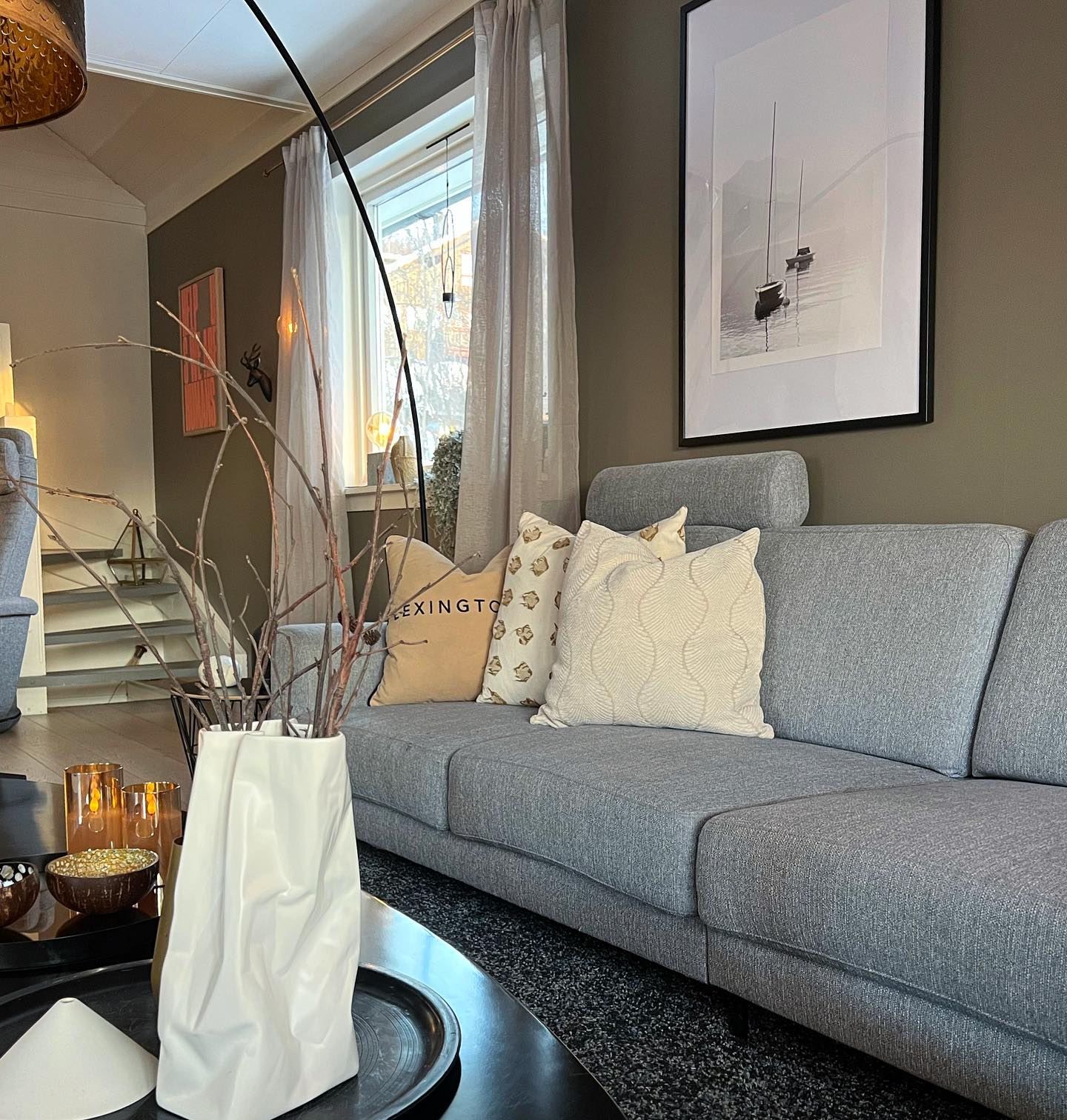 16. Warm Taupe Walls With a Cool Gray Sofa