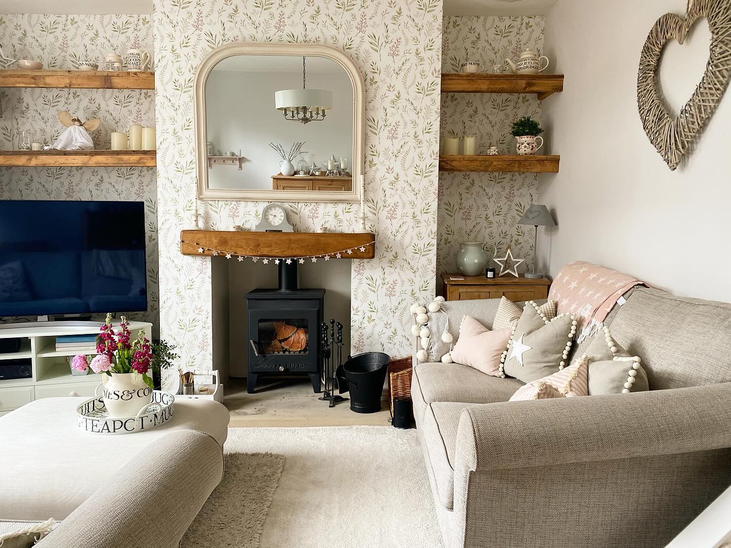 17. Taupe Seating With Delicate Floral Wallpaper