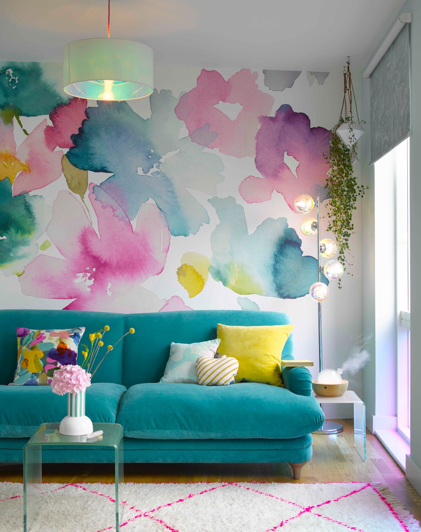 11. Echo Teal Upholstery in Oversized Floral Wallpaper