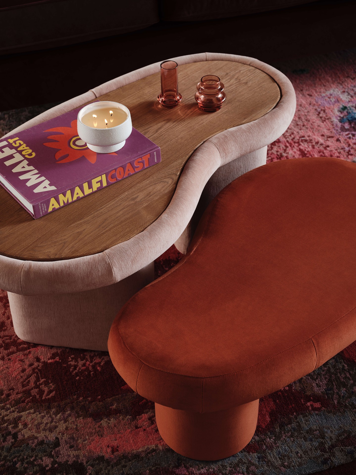 17. Nestle a Rust Footstool Beside a Pale Table