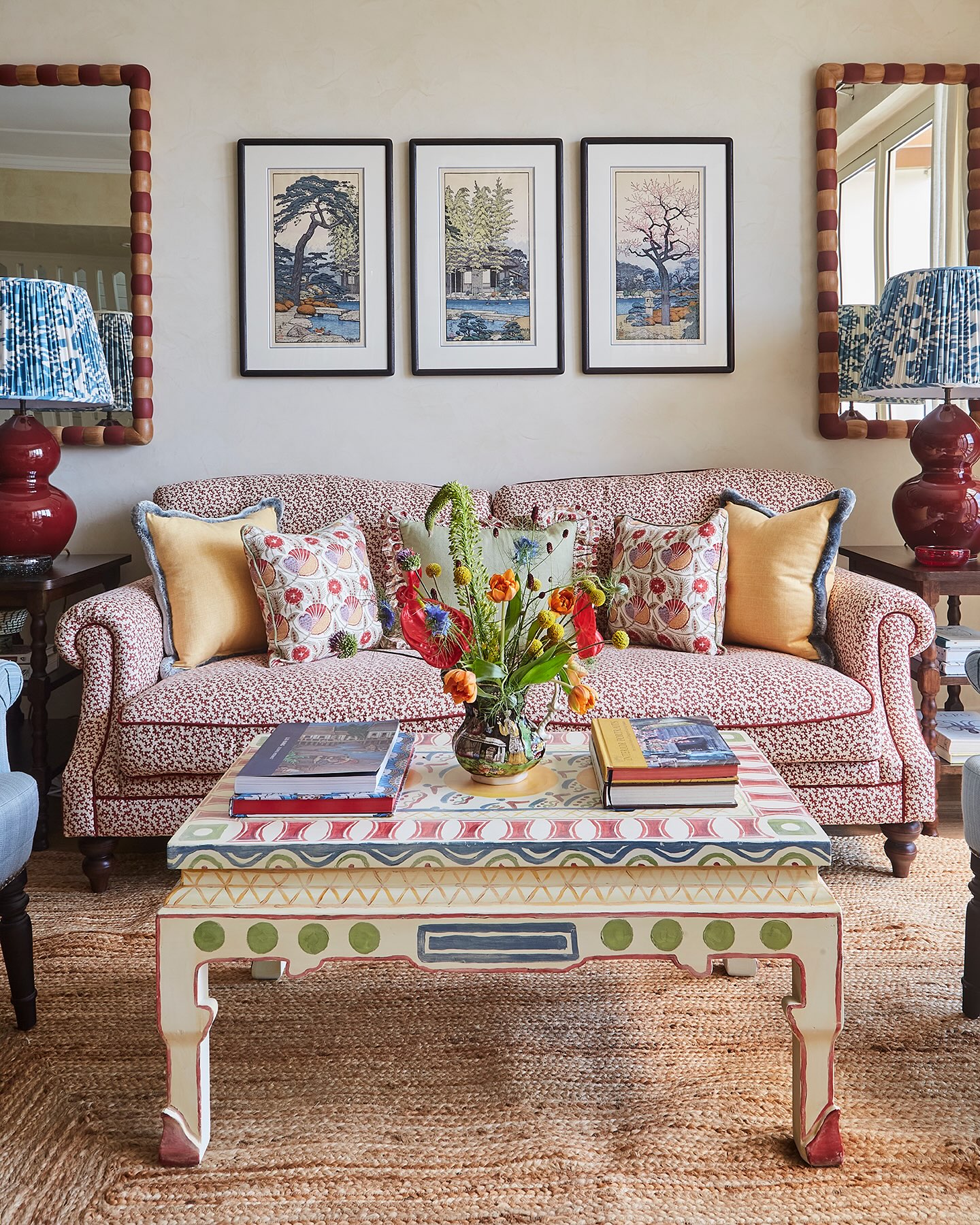 10. Balance a Patterned Sofa With Matching Lamps