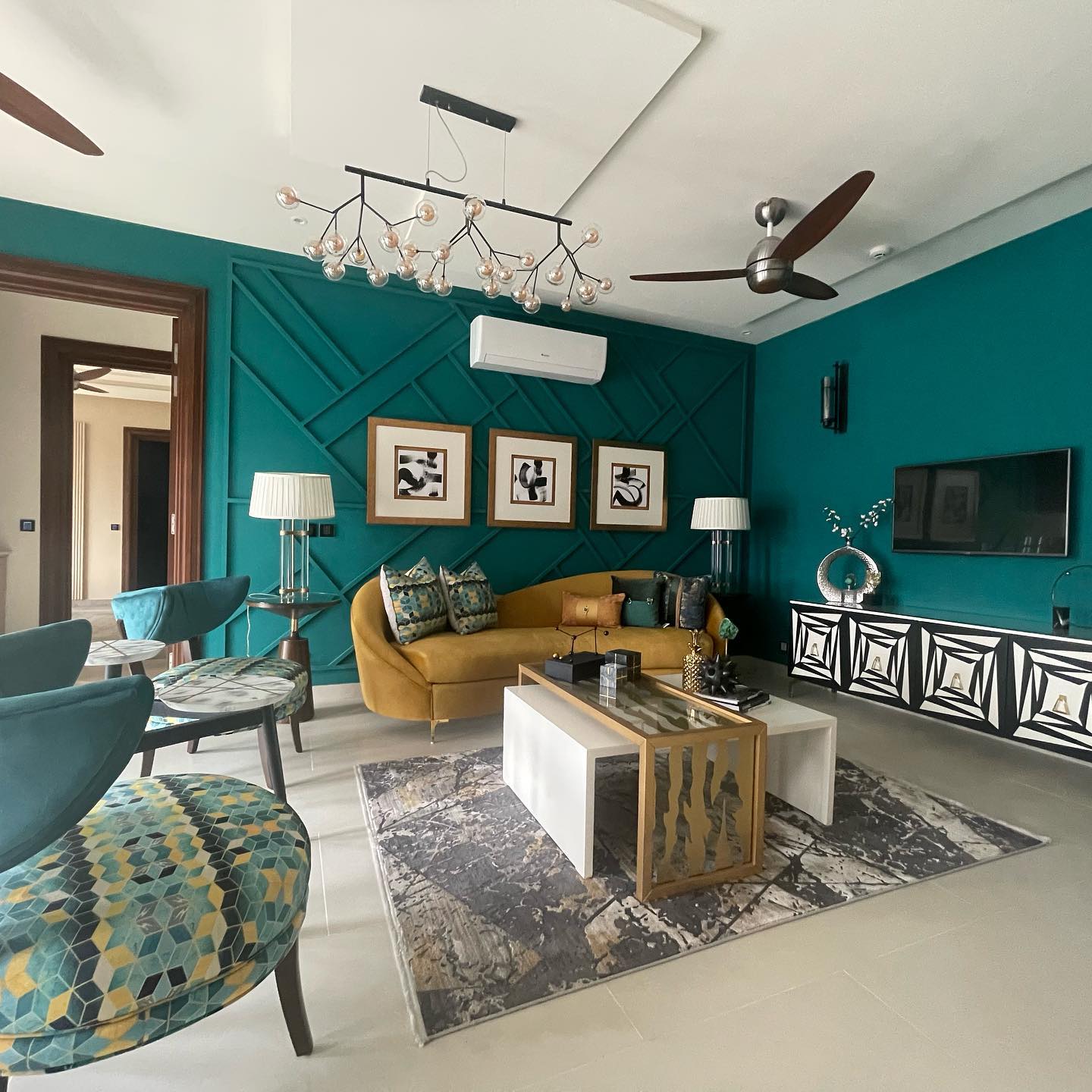 13. Combine Turquoise Paneling with Graphic Furniture