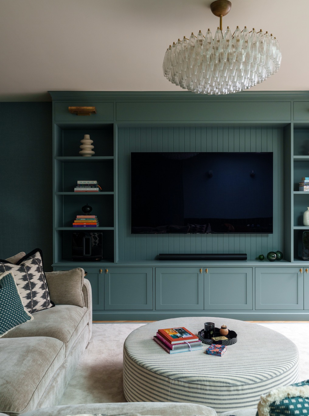 16. Soften a Media Wall with Muted Turquoise