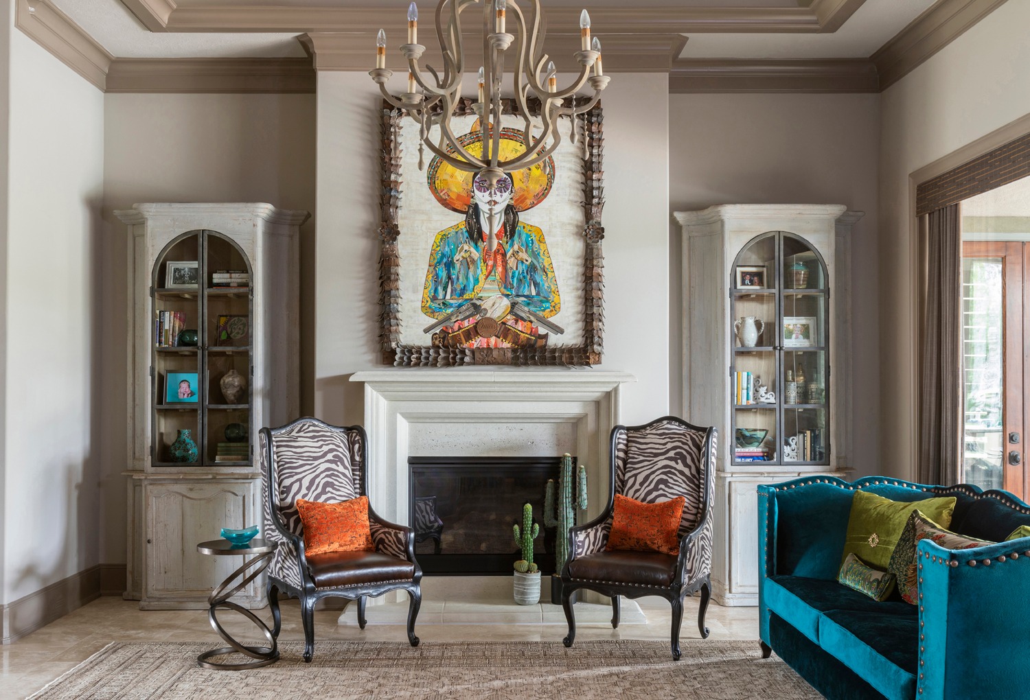 18. Echo Statement Artwork with a Turquoise Sofa