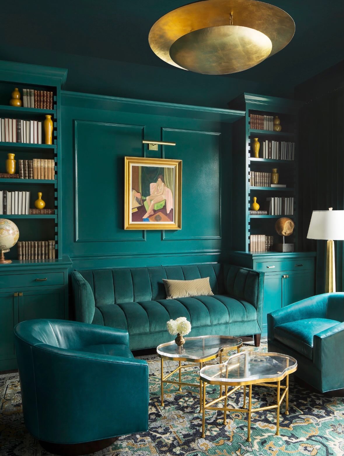 19. Layer Turquoise Upholstery Under a Gold Pendant