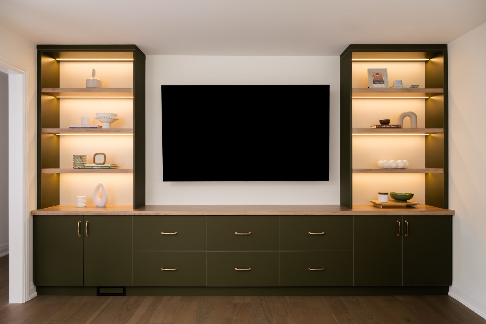 7. Pair Olive Cabinets With Warm Display Shelves