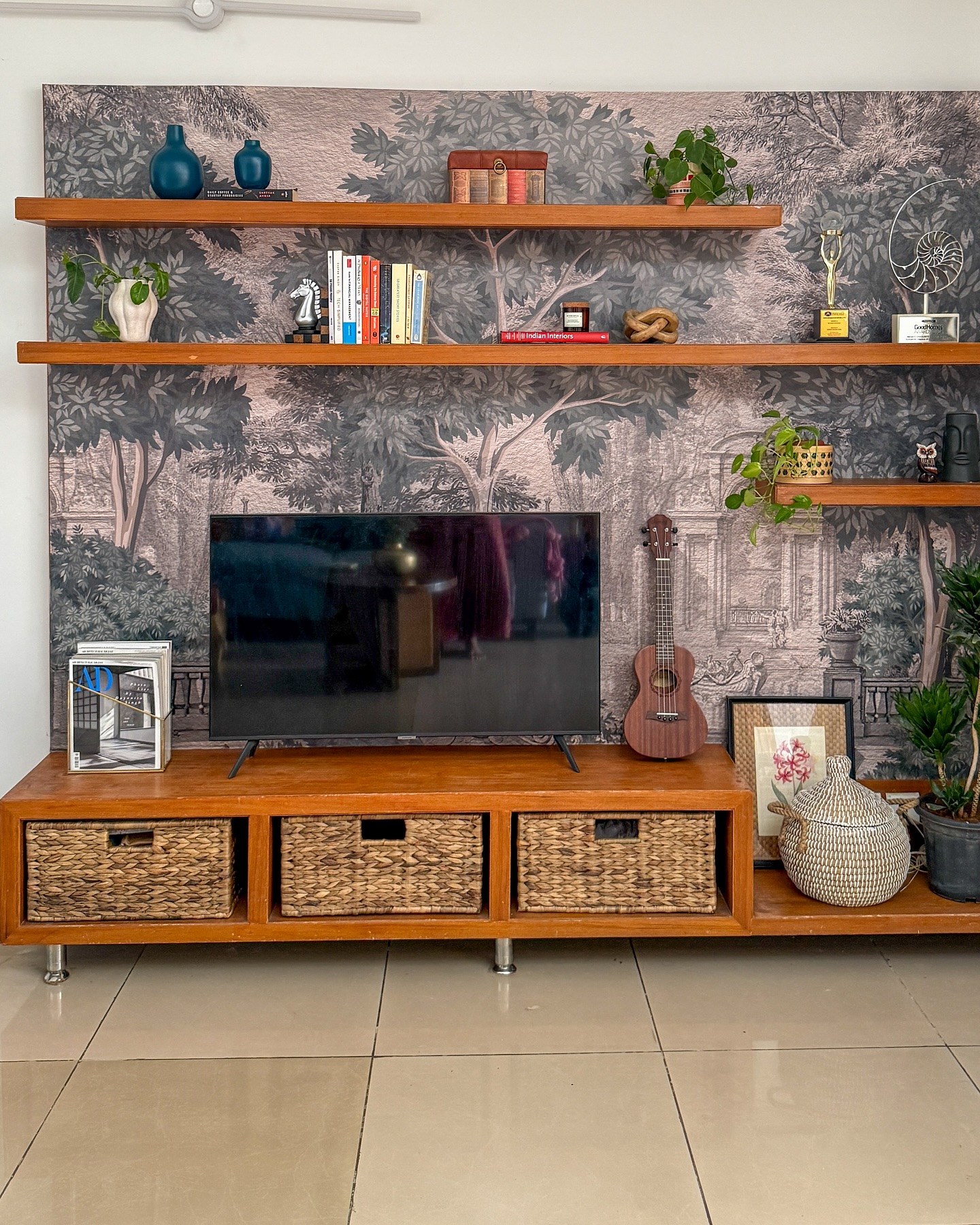 9. Layer Wood Shelves Over Scenic Wallpaper