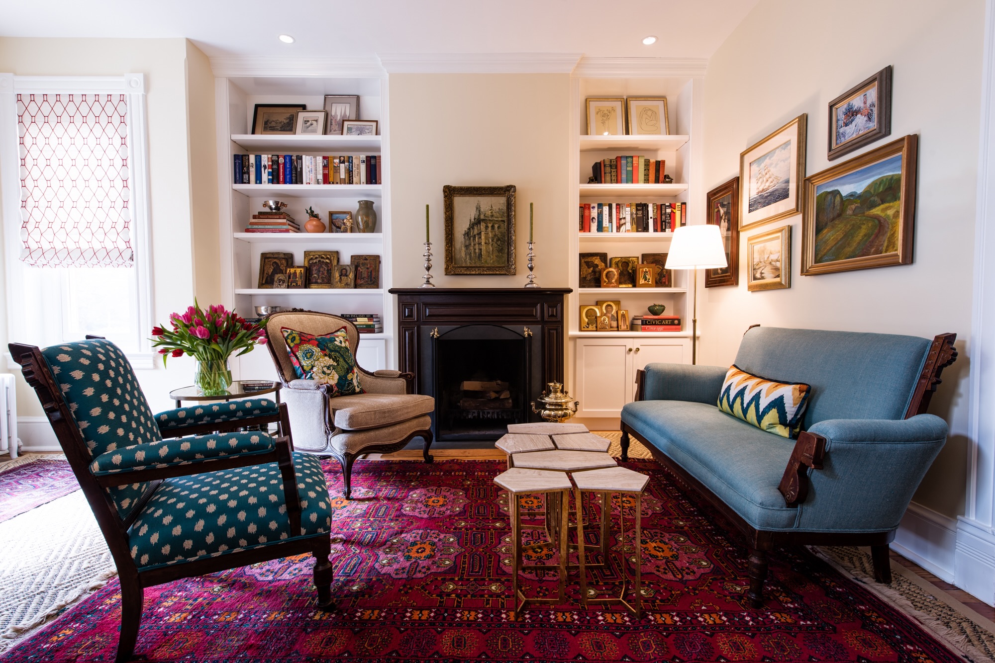 12. Mix Antique Seating Around a Patterned Rug