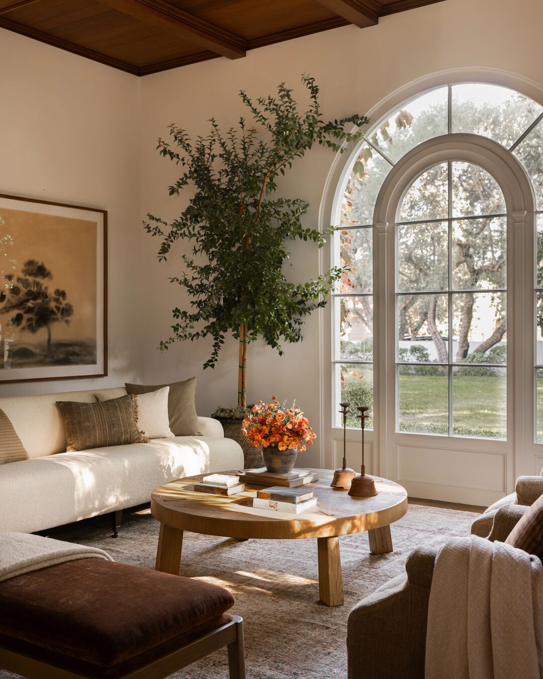 11. Pair a Low White Sofa with Rich Wood Architecture