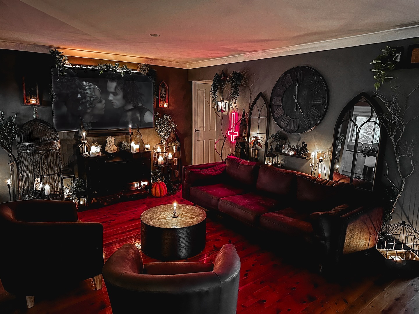2. Add Gothic Arches Behind a Velvet Sofa
