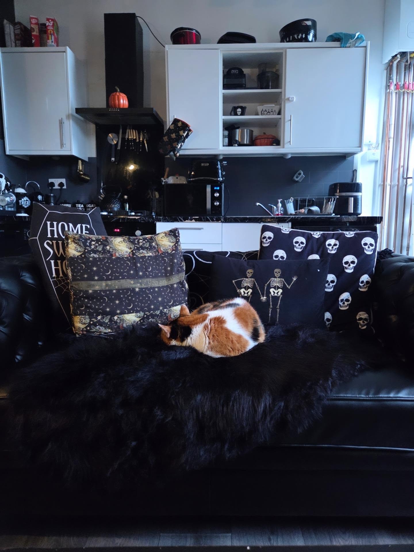 8. Layer Celestial and Skeleton Pillows on Black Seating