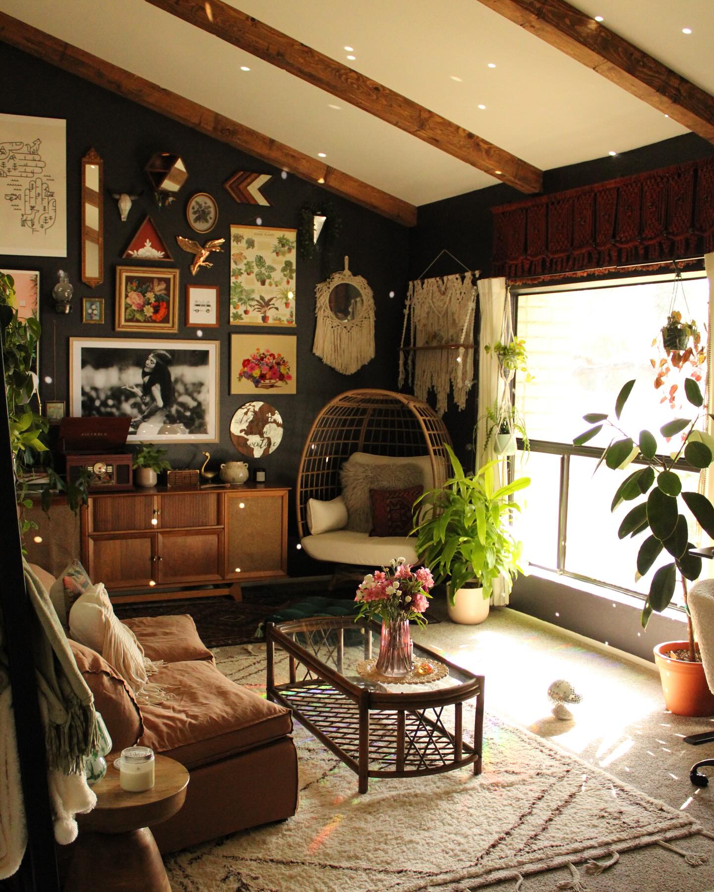 10. Pair Dark Botanical Walls With Woven Furniture