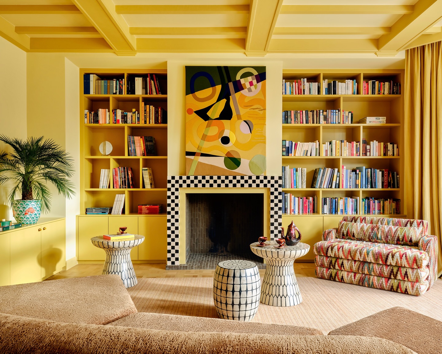 13. Yellow Built-Ins with a Checkered Fireplace
