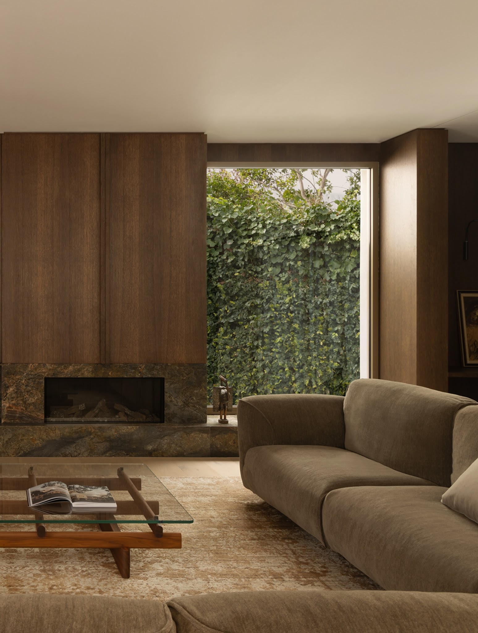 14. Blend Olive Upholstery With Timber and Stone