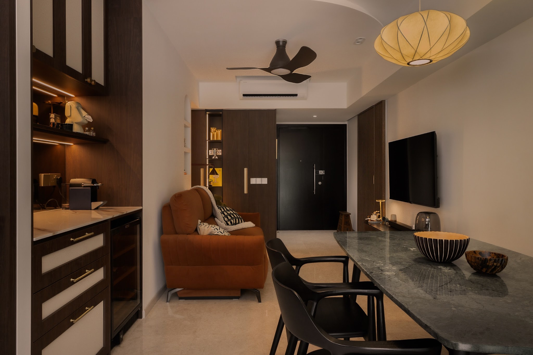 15. Use Warm Built-In Storage in a Compact Room